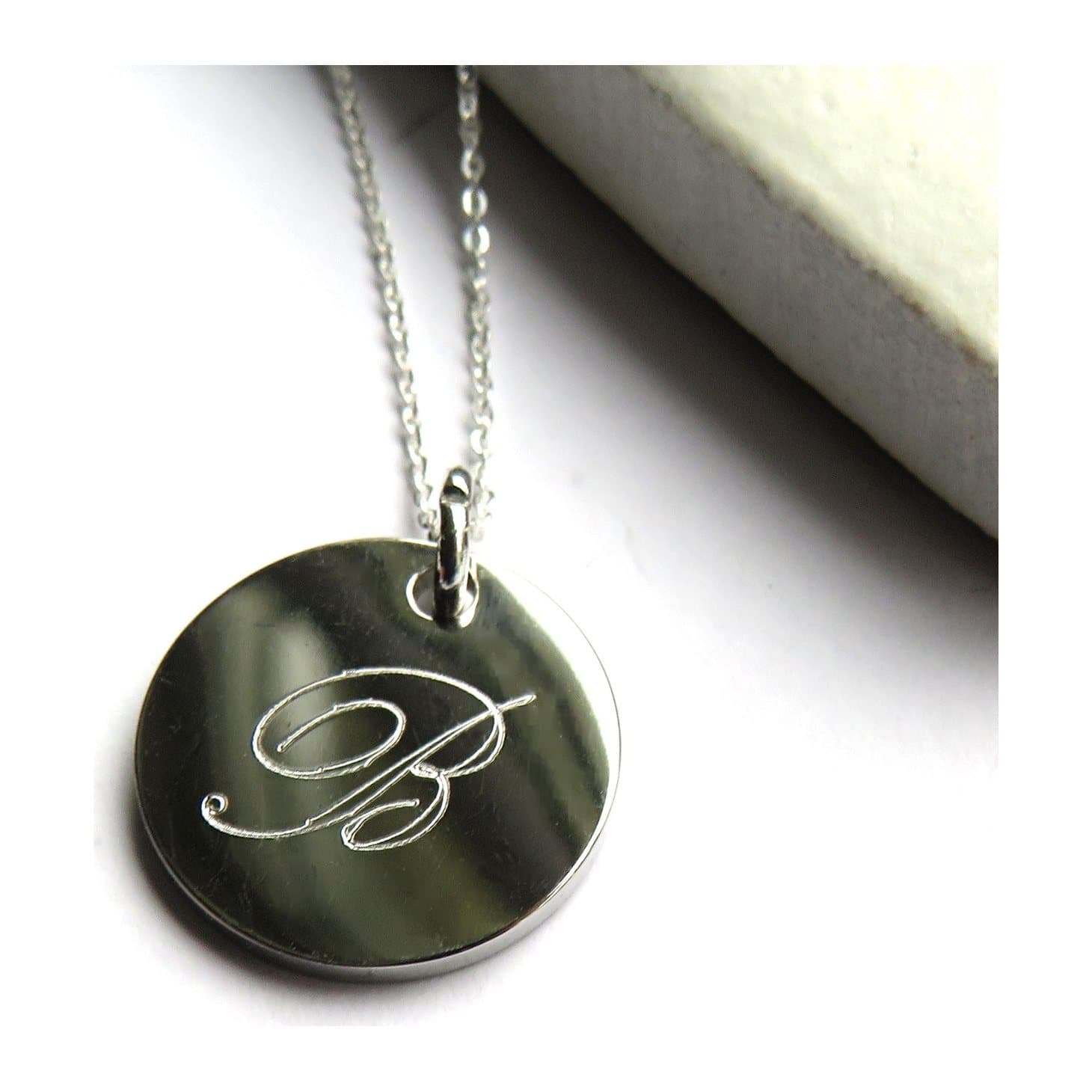 Silver chain necklace with a round initial disc