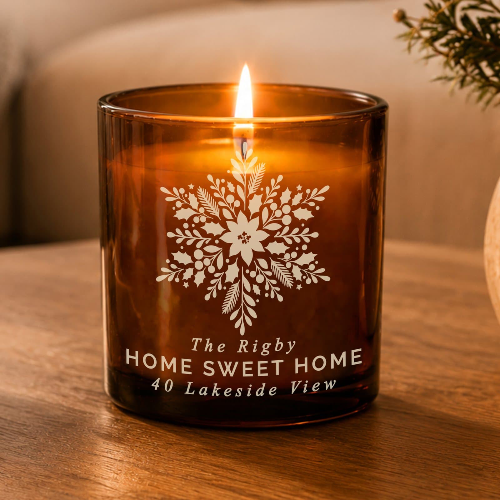 Personalised snowflake amber glass candle