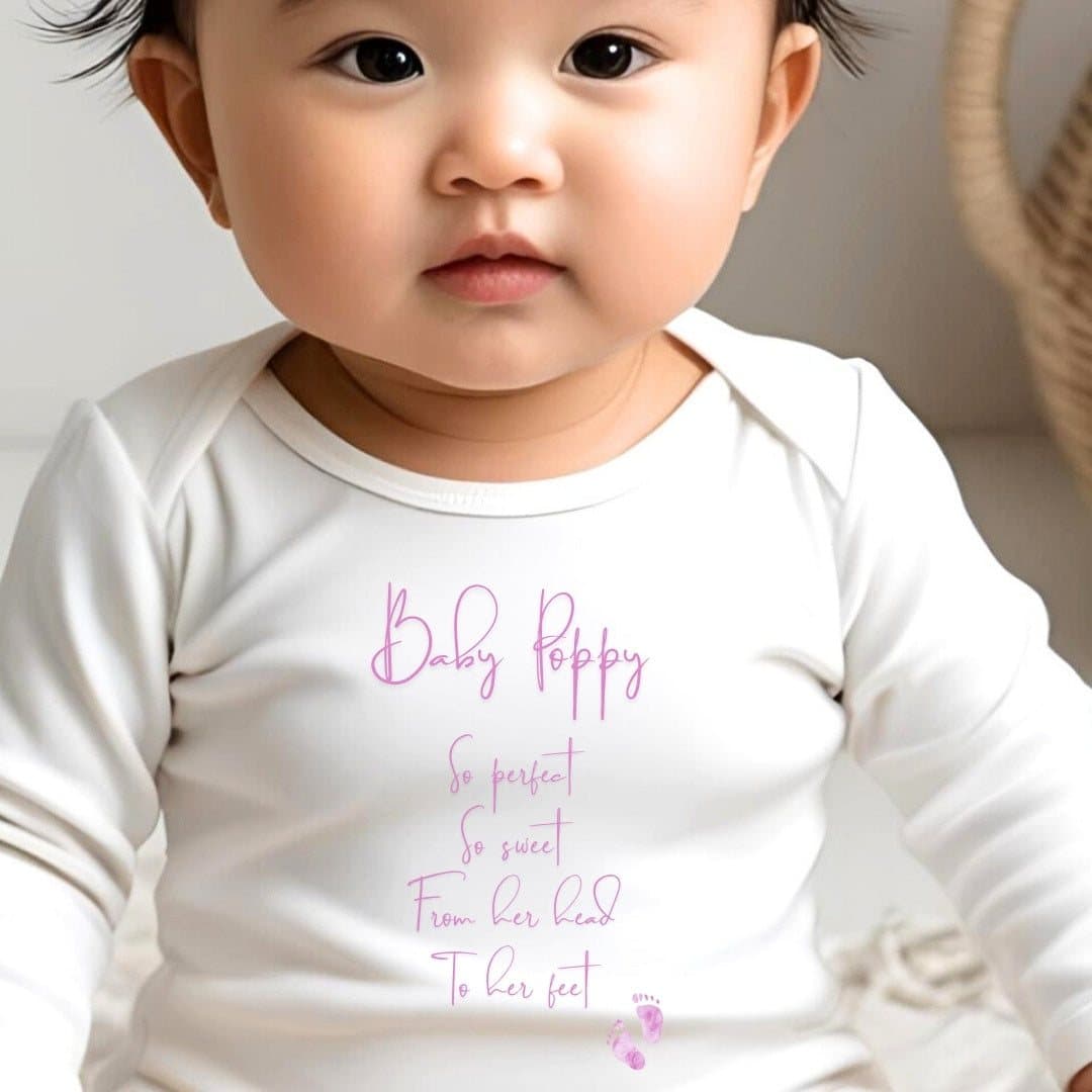Personalised So Perfect baby outfit with a quote and baby footprints