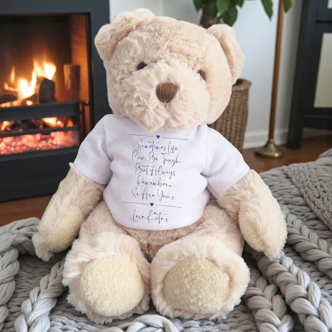 Personalised teddy bear wearing a printed T-shirt with a comforting message