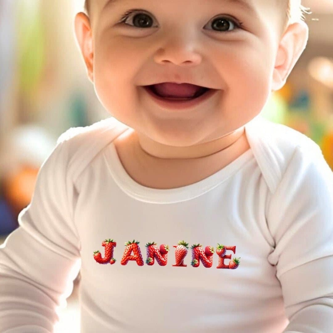 Personalised strawberry baby vest, baby grow or bib with a name