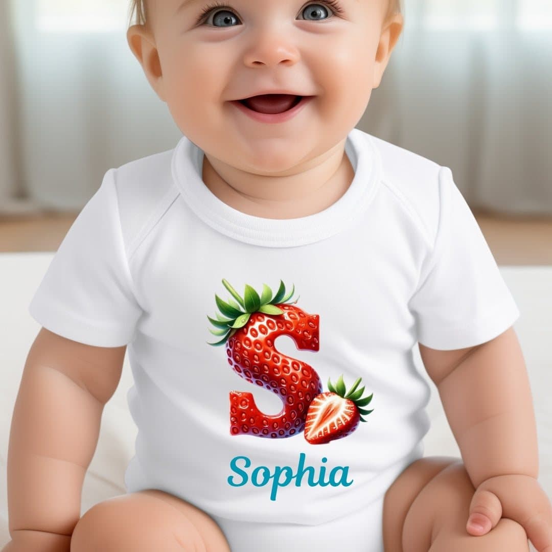 Personalised strawberry baby outfit with a name in the strawberry design