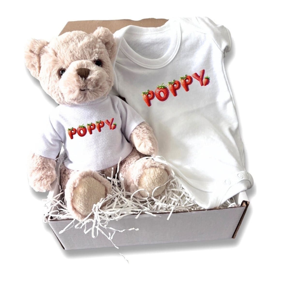 Personalised strawberry baby gift box with a teddy bear and a baby vest