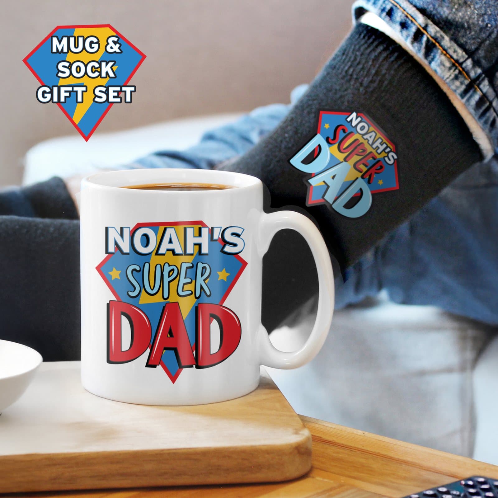 Personalised Super Dad mug and socks set