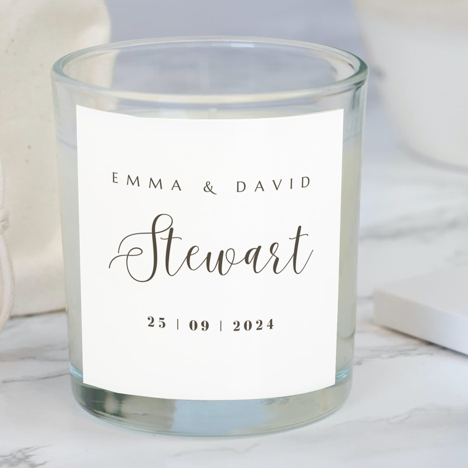 Personalised wedding candle gift set with a candle, chocolate hearts and matches