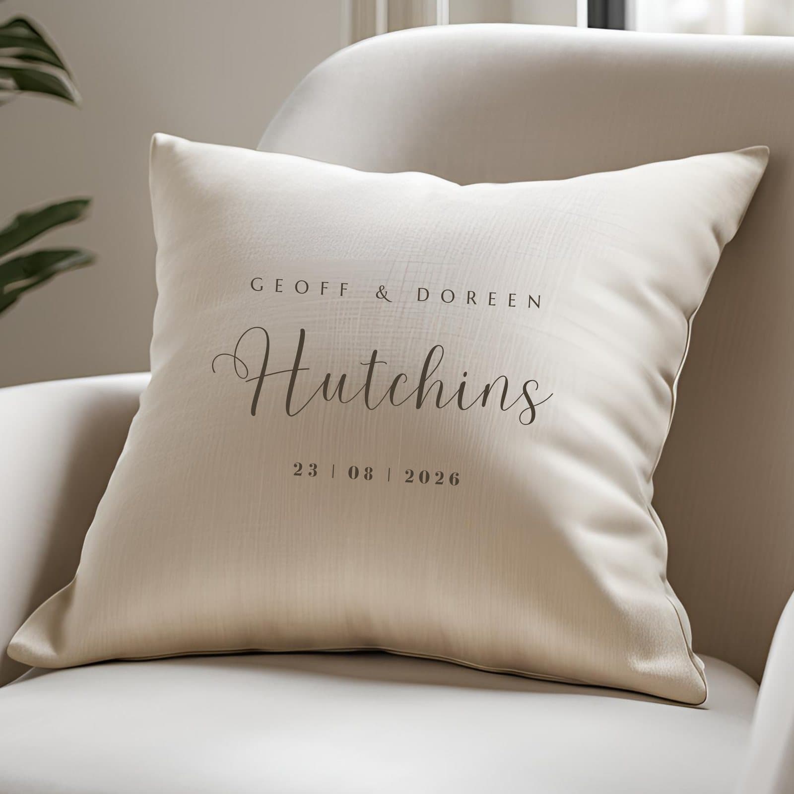 Cream linen-look personalised wedding cushion with names, surname and date