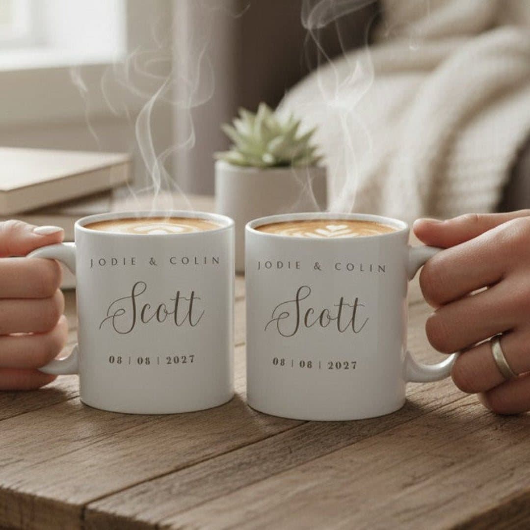 Personalised surname wedding mugs gift set, ceramic mug with printed design