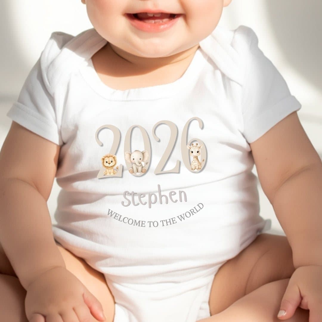 Personalised baby outfit with 2026 Welcome artwork and little jungle animals
