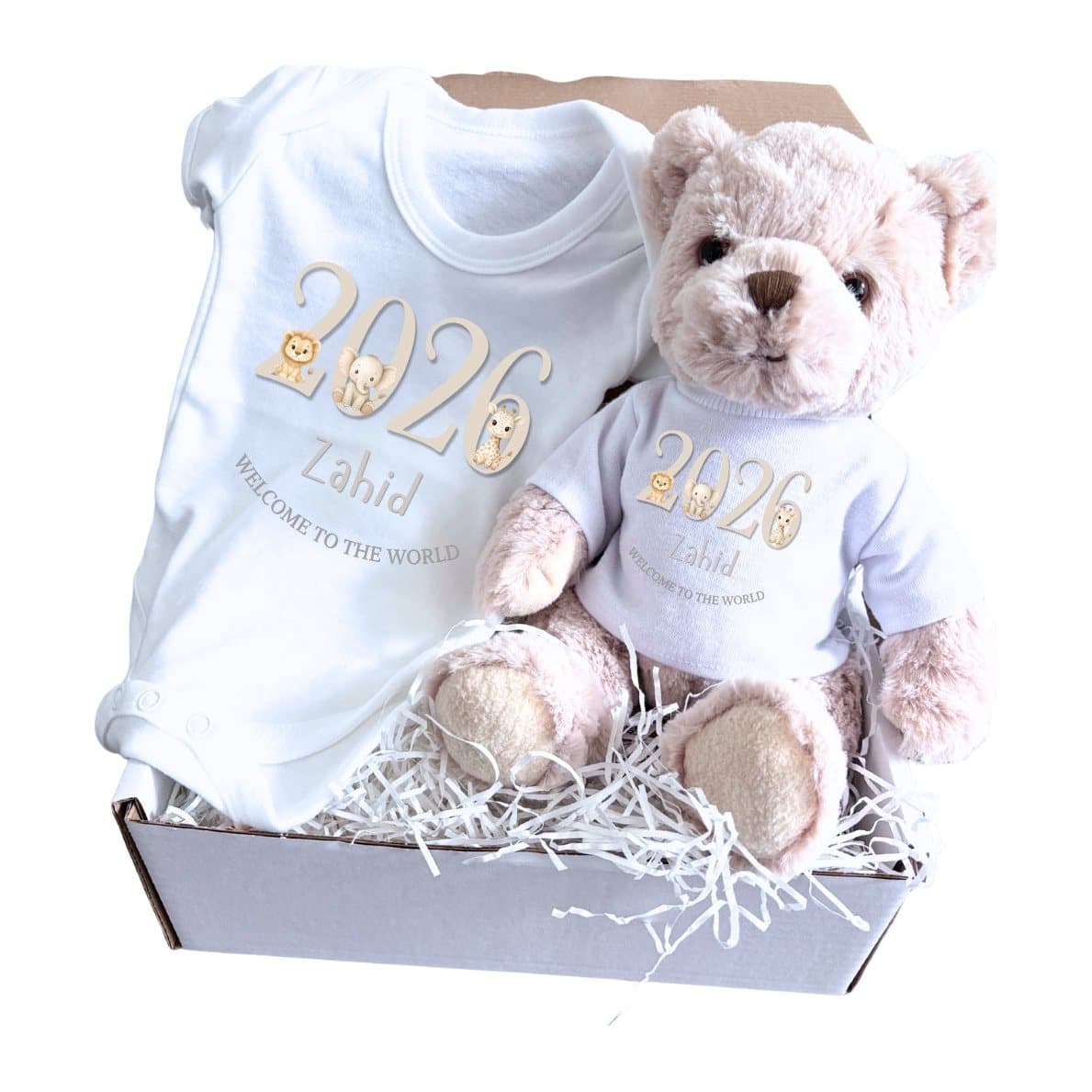 Cream Welcome to the World baby vest and teddy with jungle animals