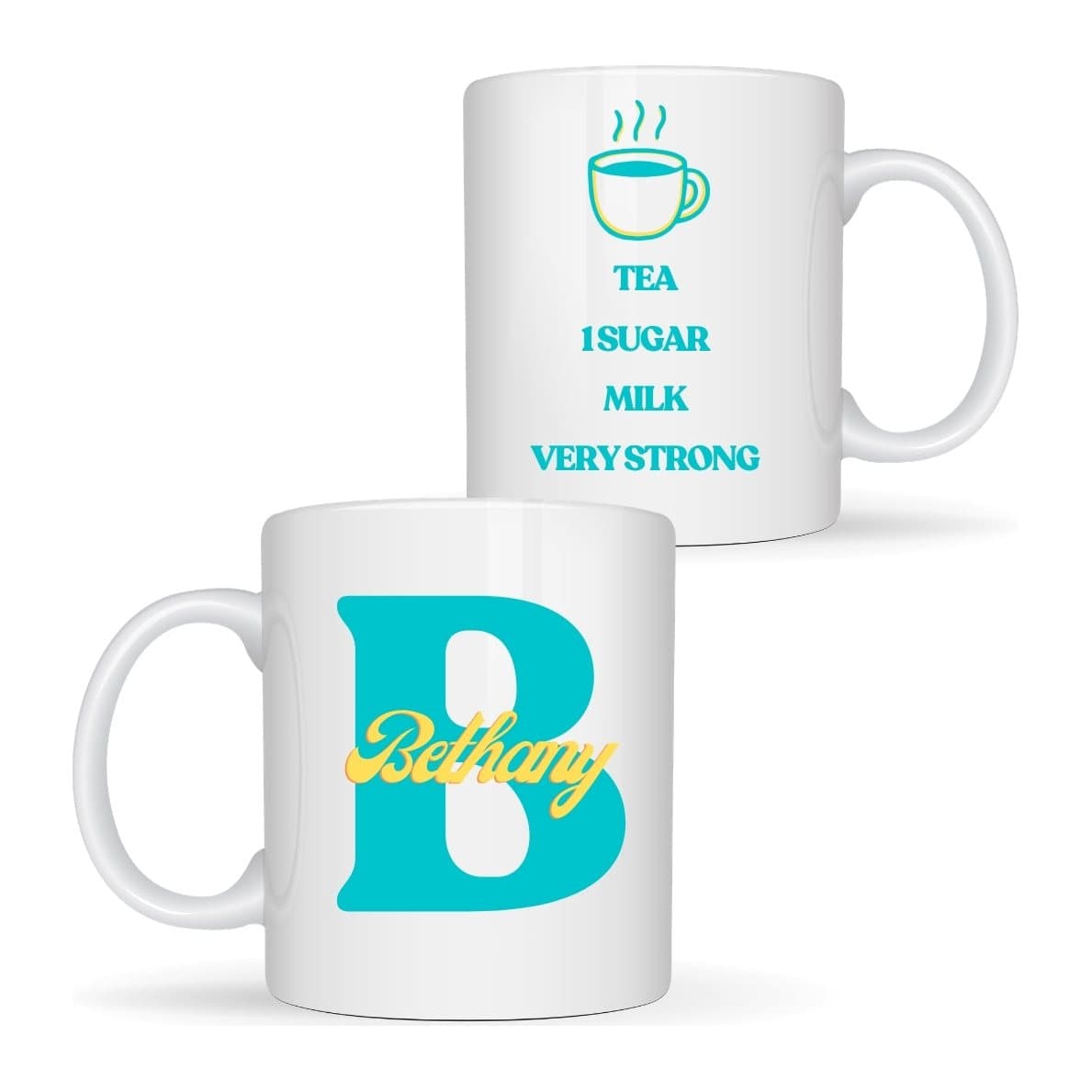 Personalised 11oz ceramic mug with a tea order design printed on both sides
