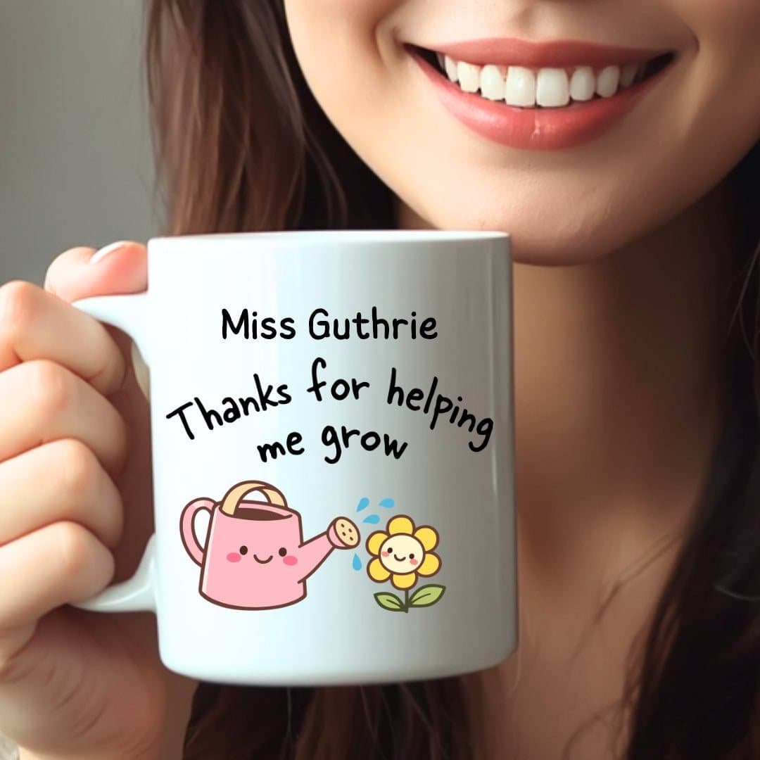 Personalised ceramic teacher thank you mug with a teacher-themed design