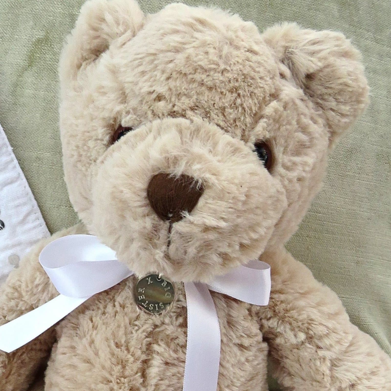 Personalised teddy bear with an engraved stainless steel charm and ribbon