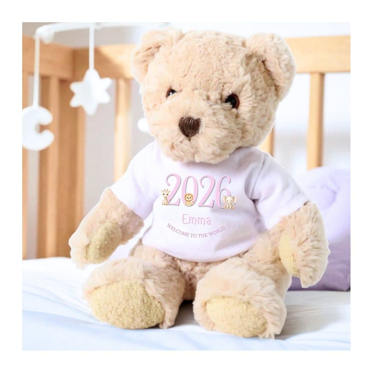 Personalised teddy bear in a printed Welcome to the World T-shirt with safari animals