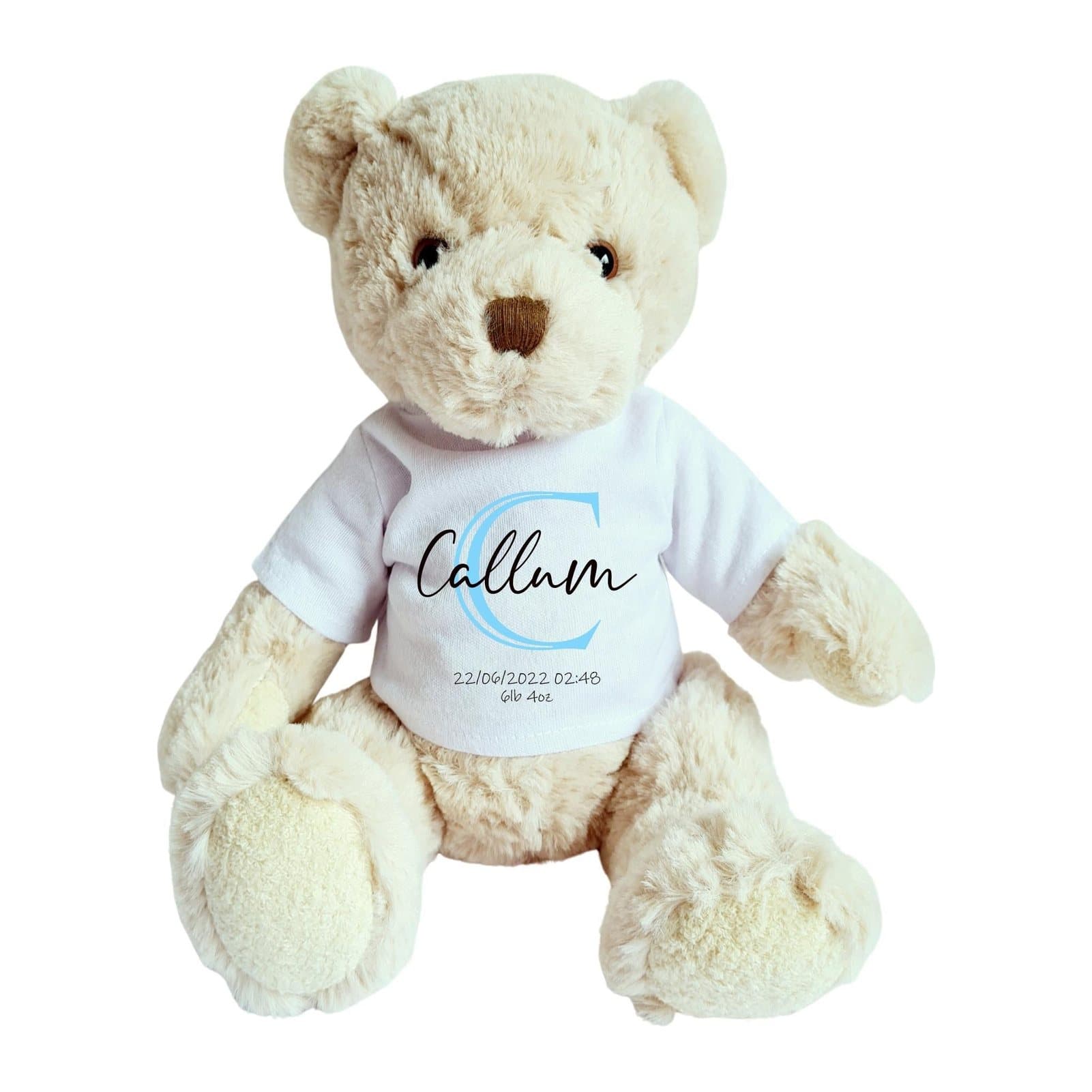 Blue teddy bear with a printed shirt showing an initial, name and birth details.