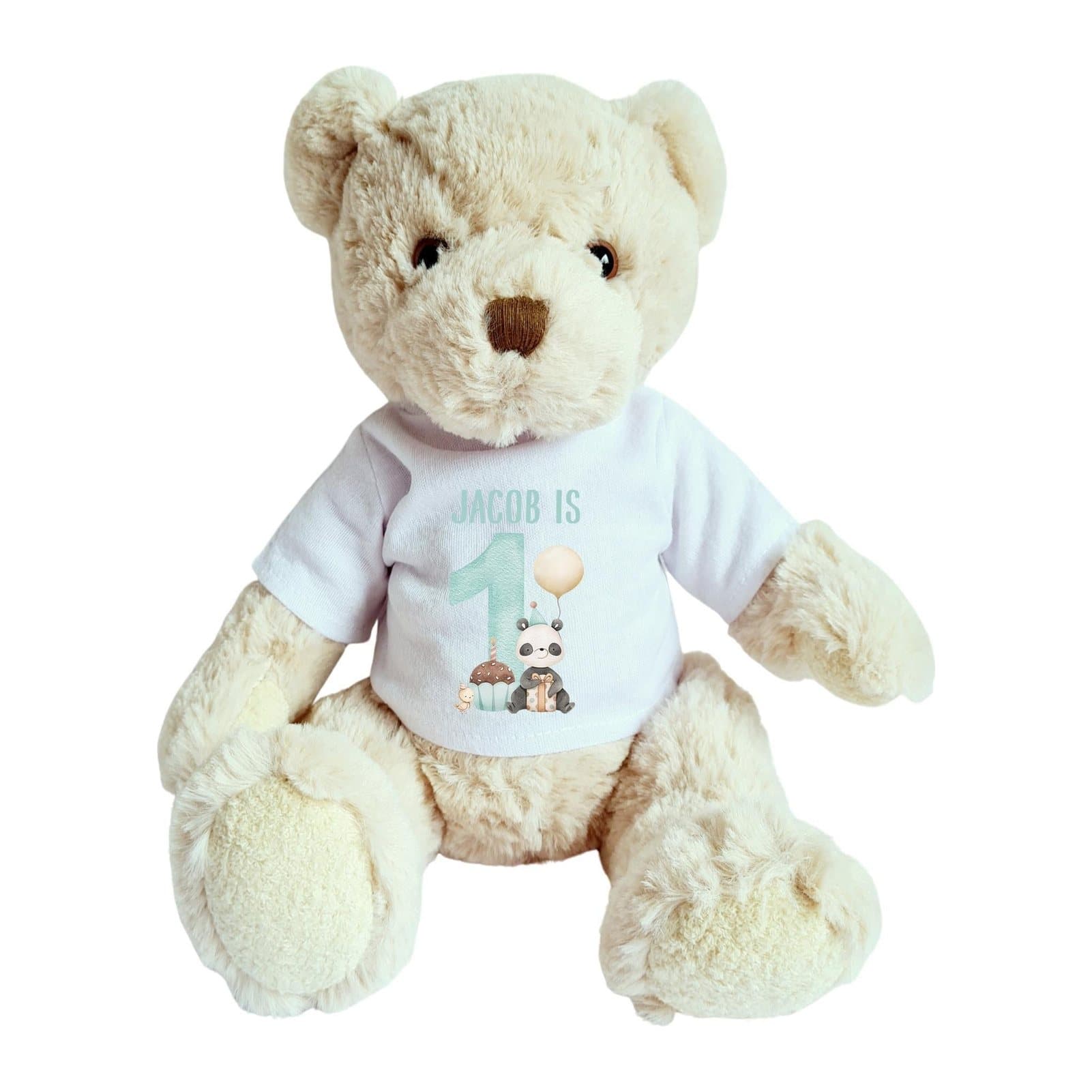 Personalised teddy bear in a 1st birthday panda T-shirt with a large 1 and animals