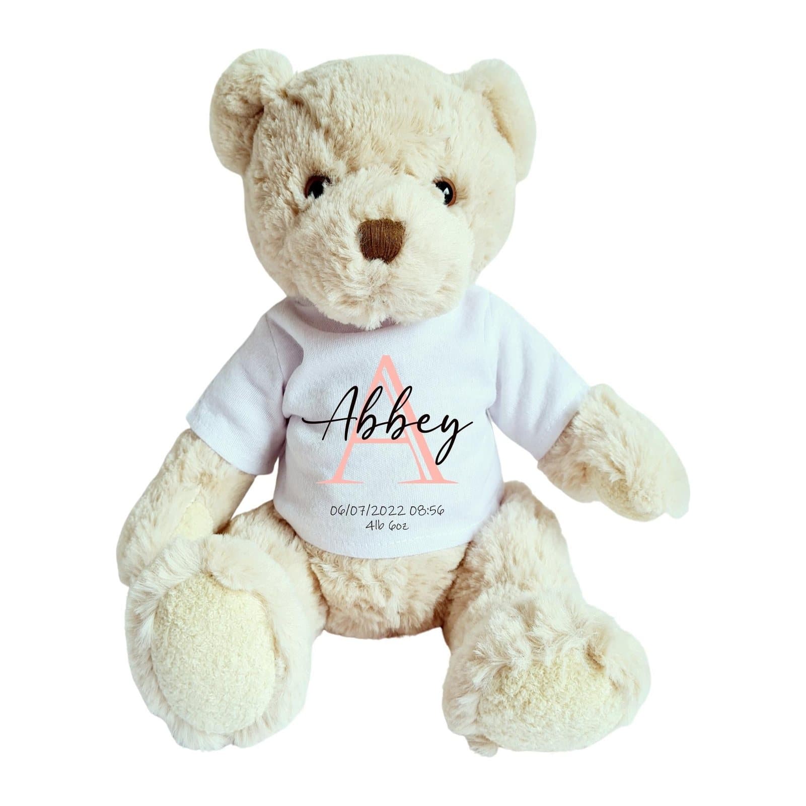 Personalised teddy bear in a pink printed initial shirt
