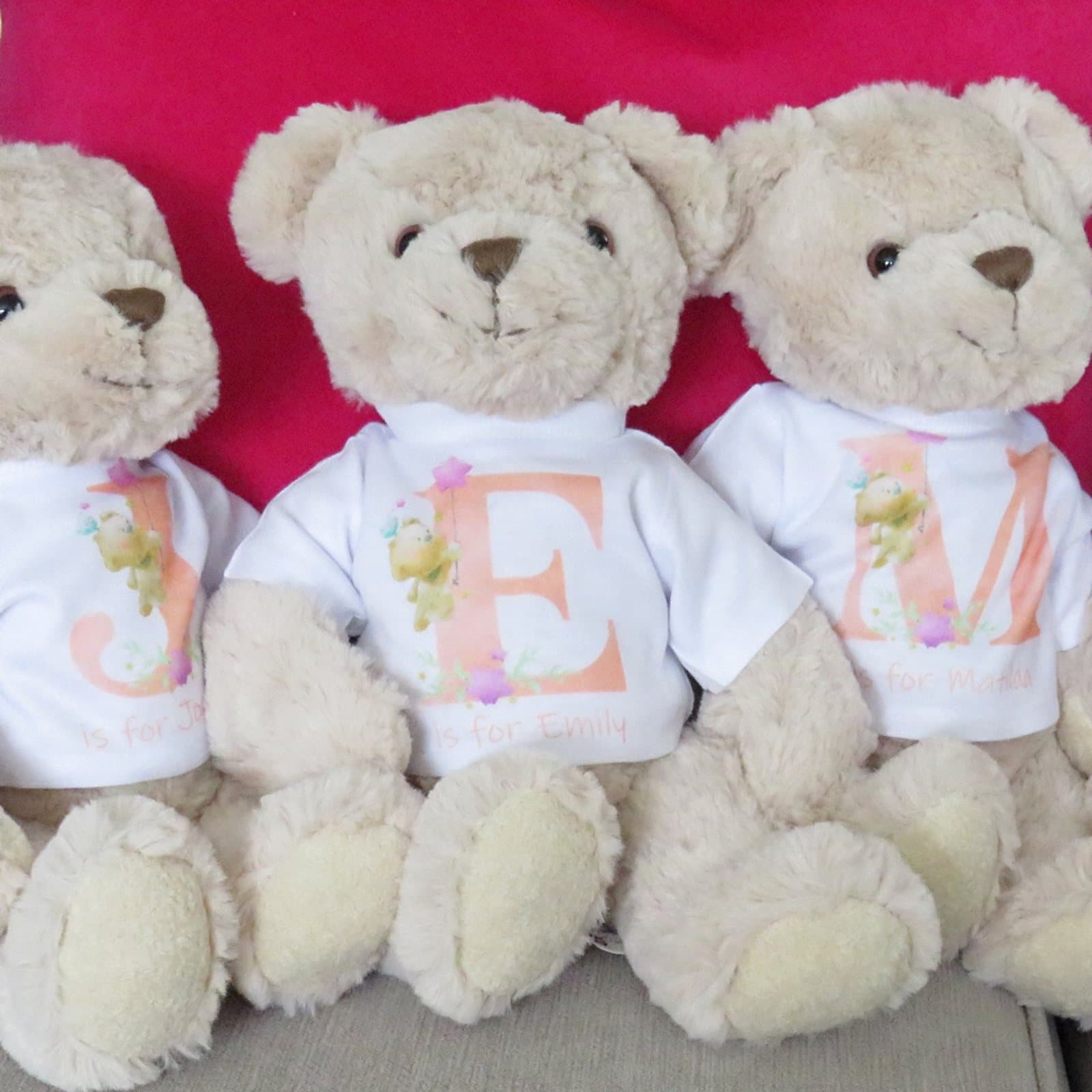 Pink personalised teddy bear in a printed Teddies T-shirt with an initial