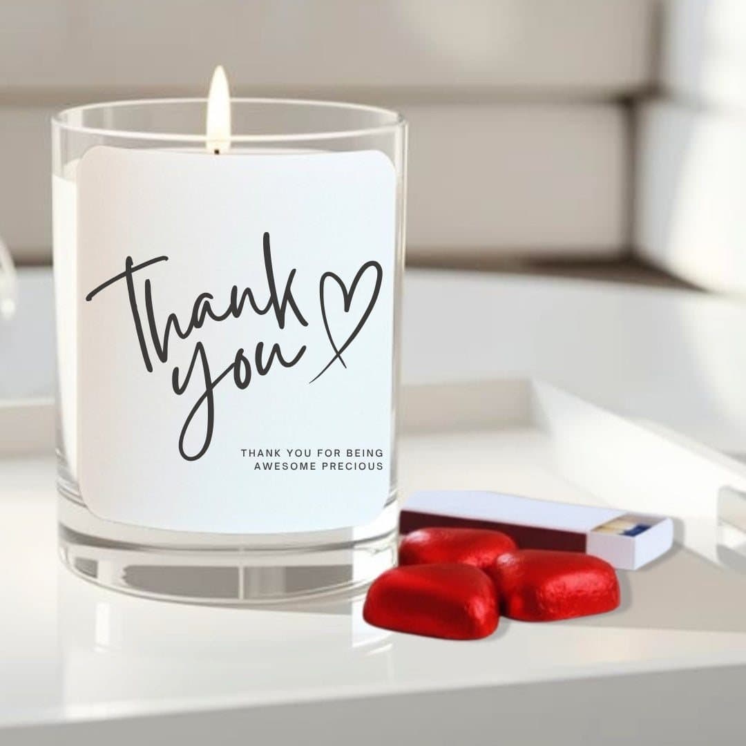 Personalised thank you candle with chocolate hearts and a box of matches