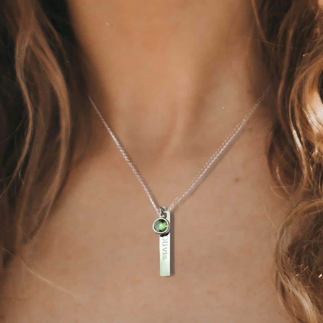 Silver thin bar necklace with a coloured birthstone charm, engraved for personalisation