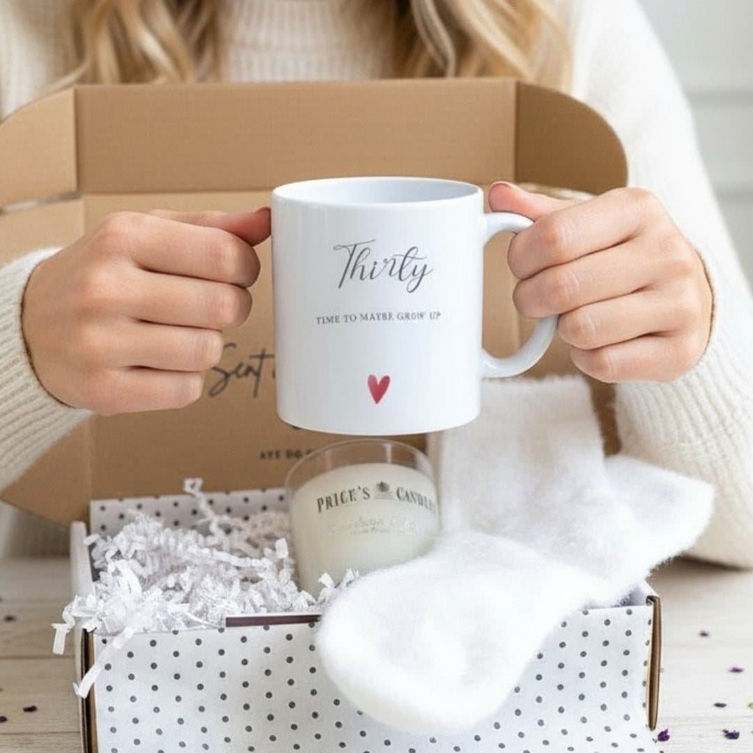 Personalised Thirty Birthday mug, fluffy socks, scented candle and matches in a hamper
