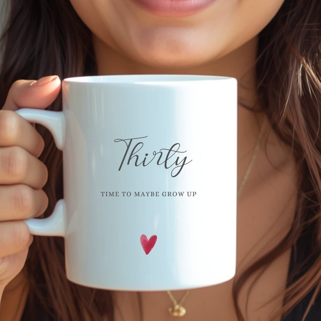 Personalised ceramic mug with a Thirty birthday design