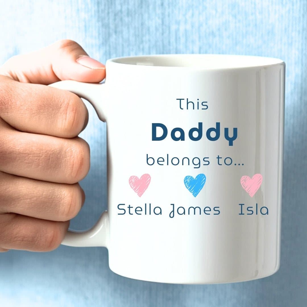 Personalised ceramic Dad mug with a 'This Daddy Belongs To' design printed on both sides