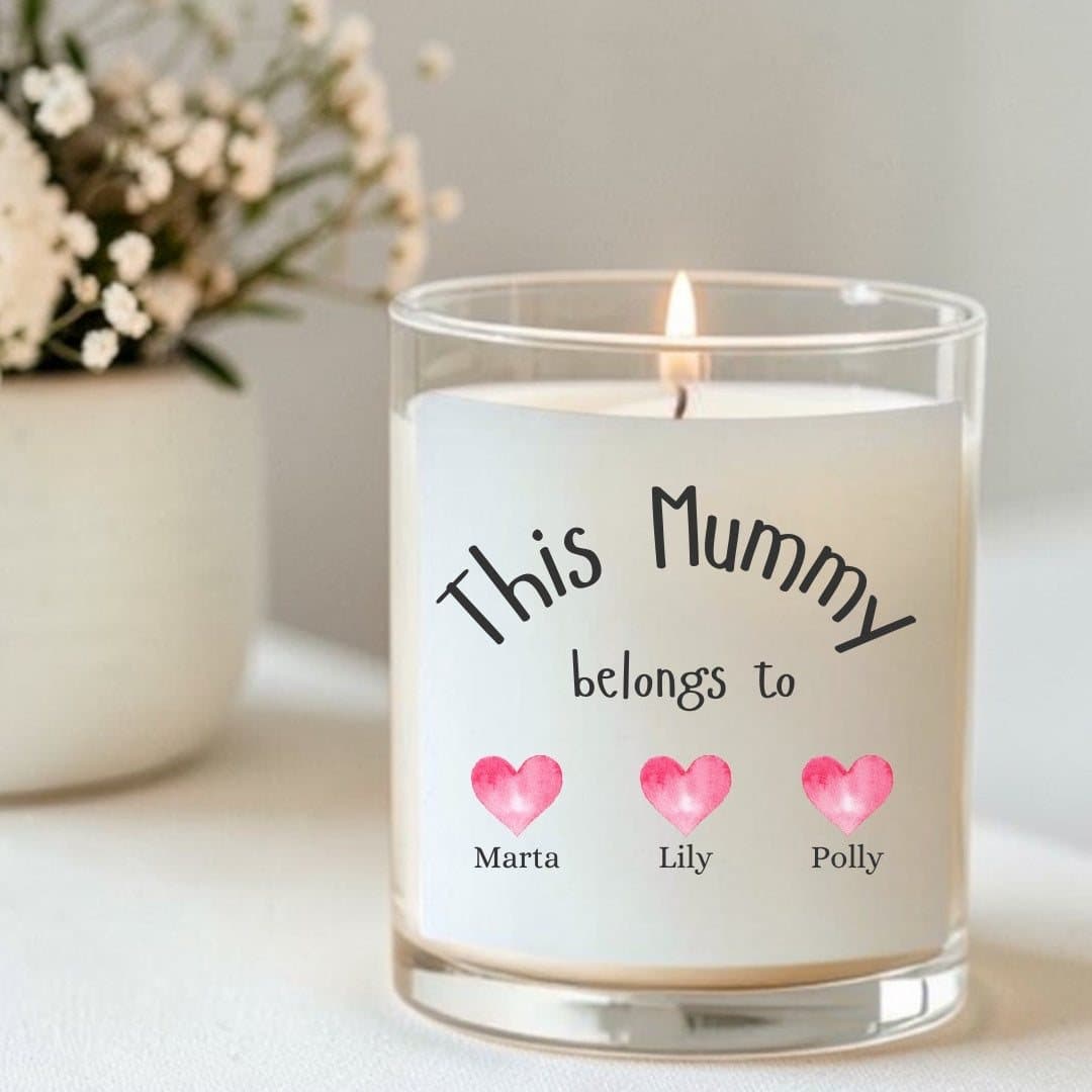 Personalised mum candle gift set with a candle, chocolate hearts and matches