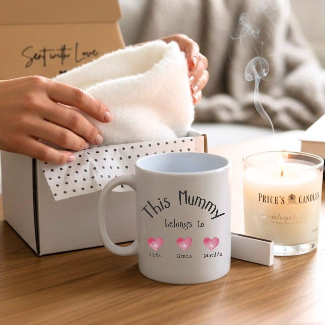 Personalised mug with pink hearts design, fluffy socks, scented candle and matches