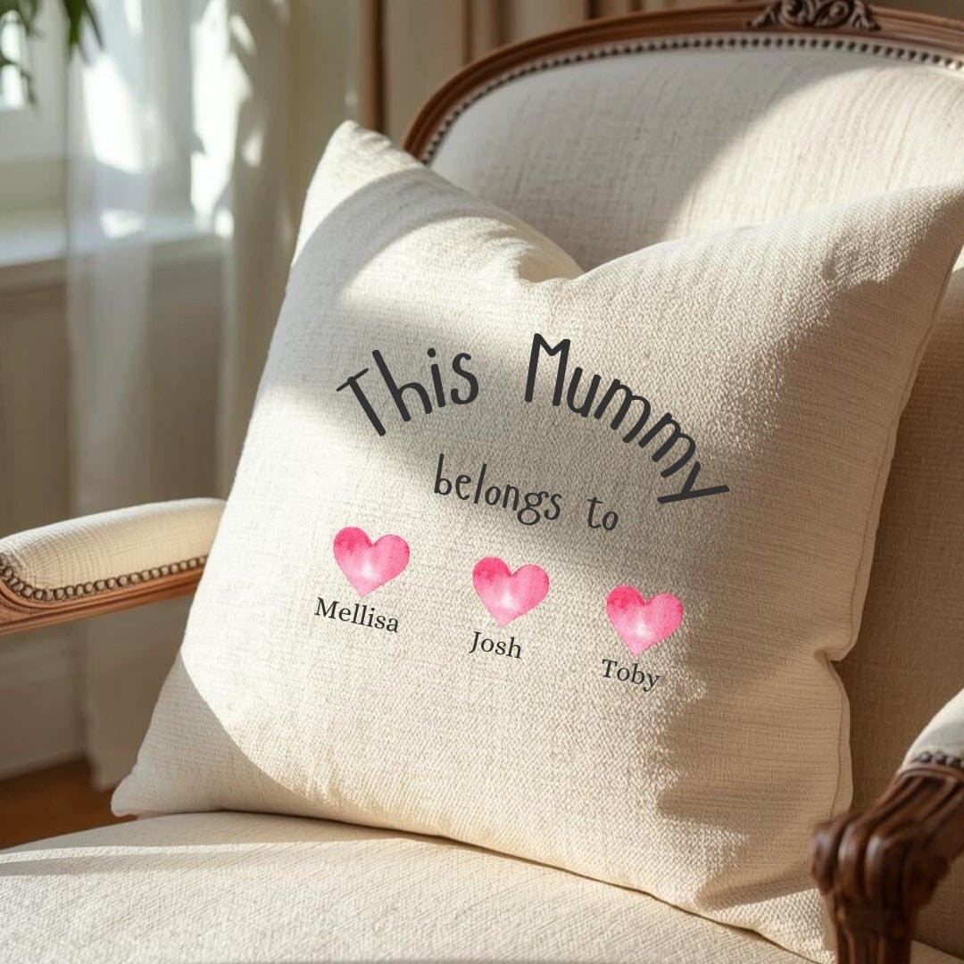 Personalised cushion with the wording This Mum Belongs To