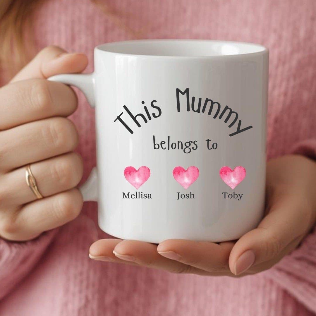 Personalised ceramic mug with a Mum design printed on the side.