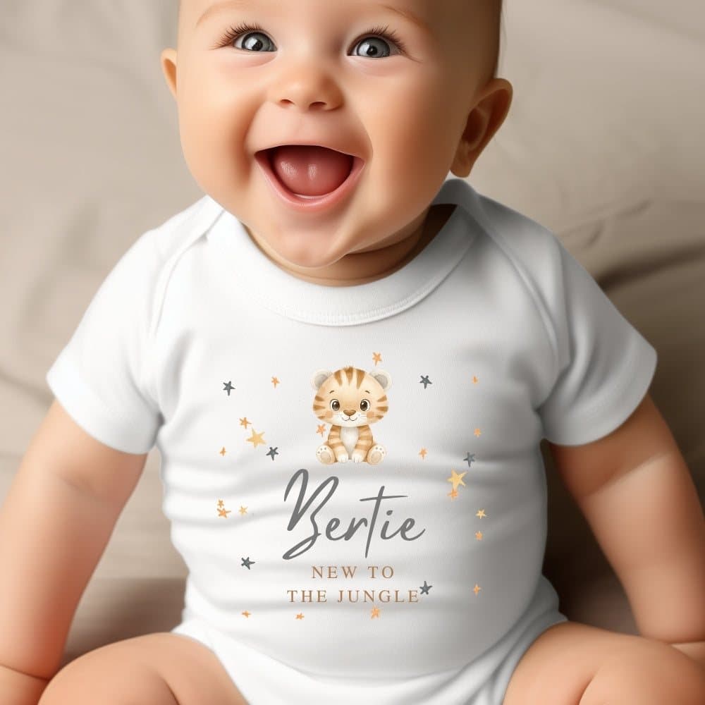Personalised baby vest, babygrow or bib with a Little Tiger design