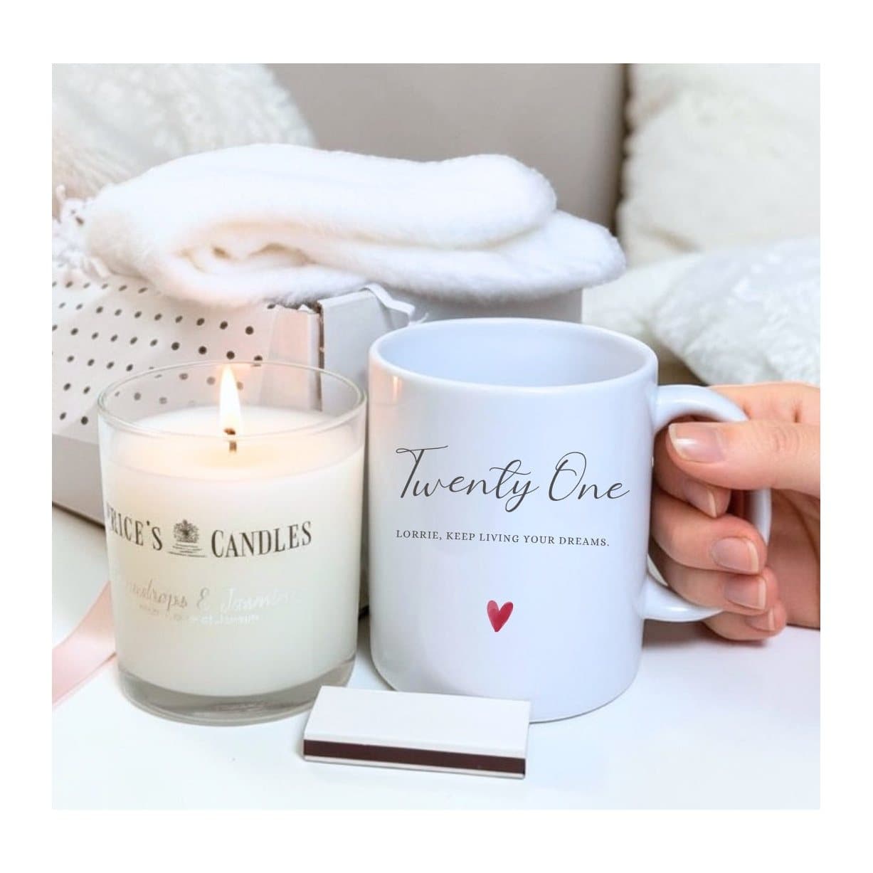 Personalised 21st birthday hamper with a mug, scented candle, fluffy socks and matches