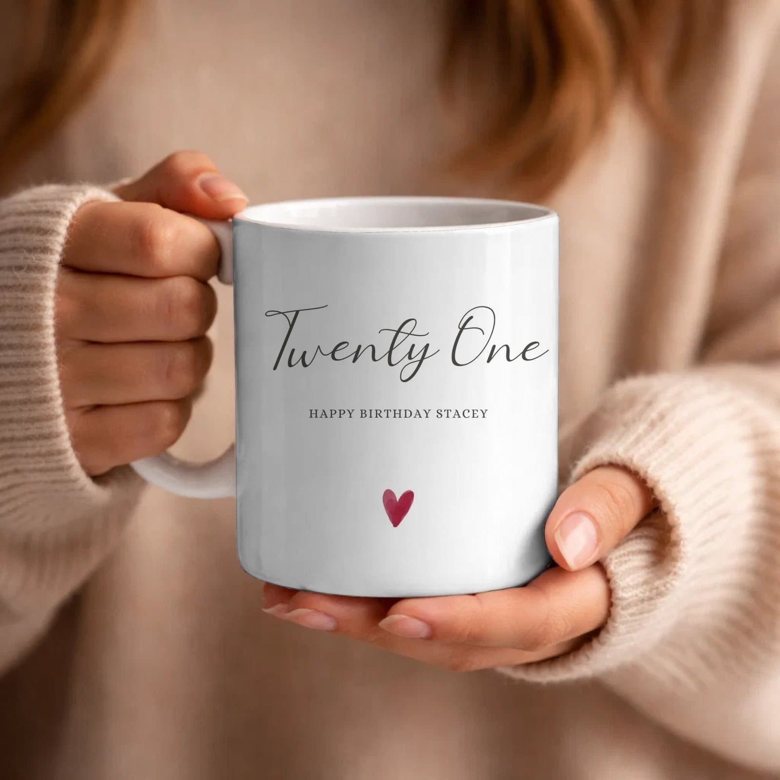 Personalised ceramic mug with the Twenty One Birthday design printed on it