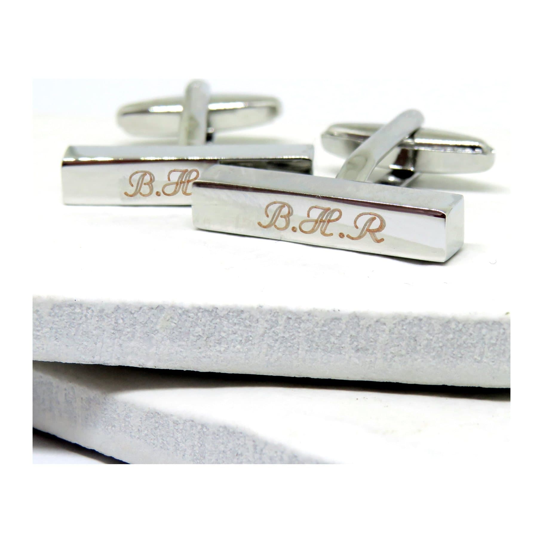 Personalised silver coloured bar cufflinks with initials