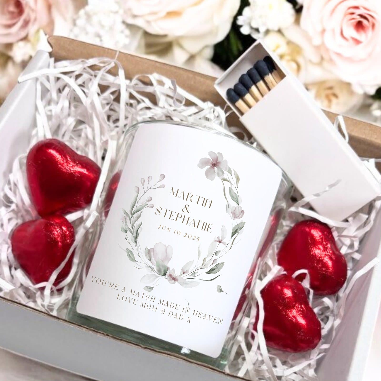 Personalised watercolour flowers candle gift set with pale green and pink flower design