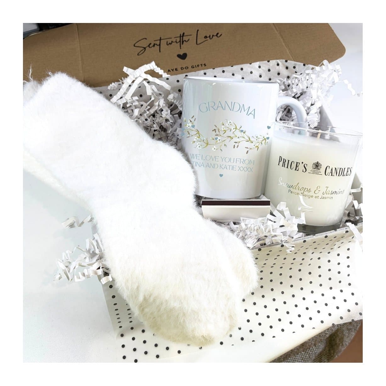 Personalised We Love You mug, scented candle and fluffy socks gift hamper