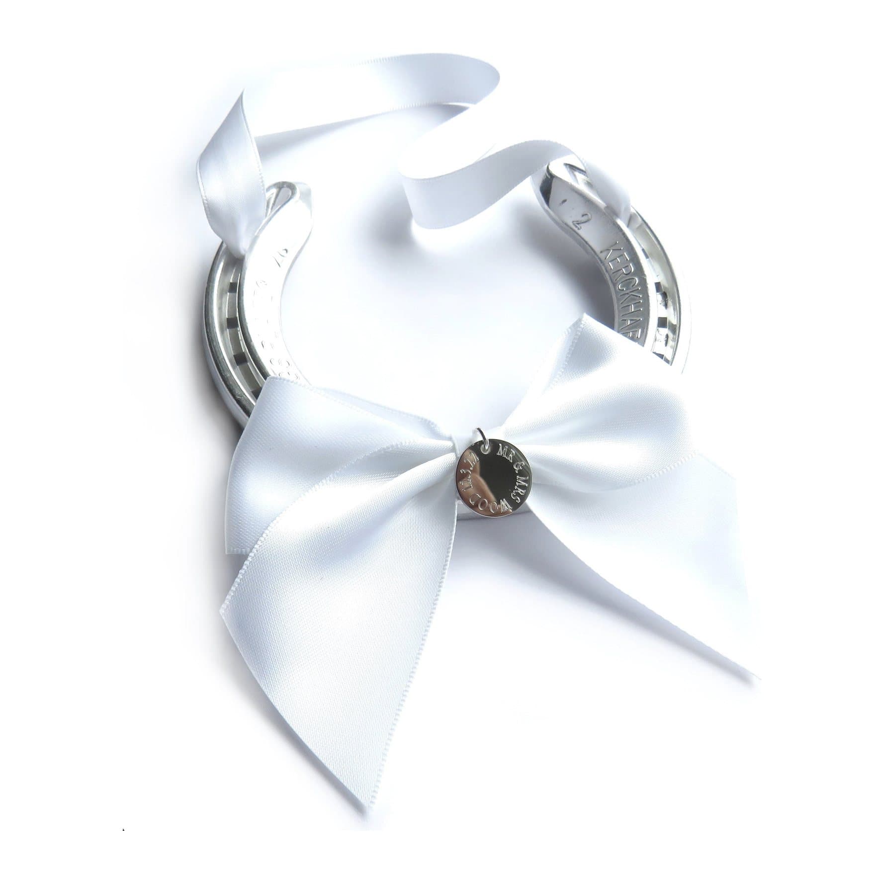 Silver wedding horseshoe with a white satin ribbon and a silver coloured disc
