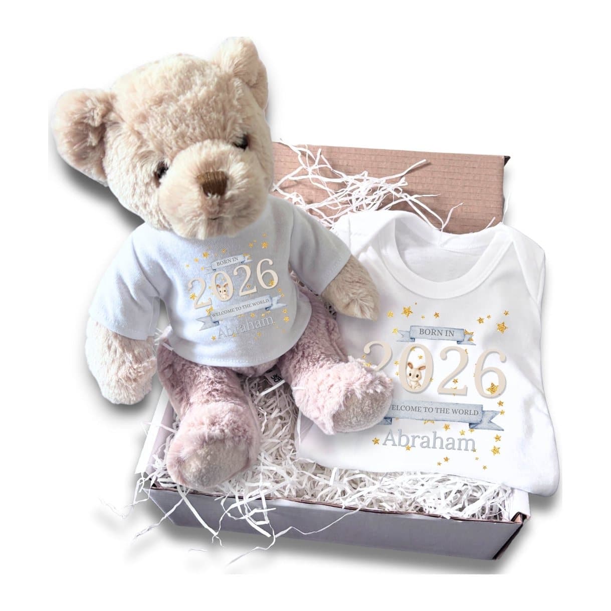 Personalised Welcome to the World 2026 baby gift box with a teddy bear and baby vest