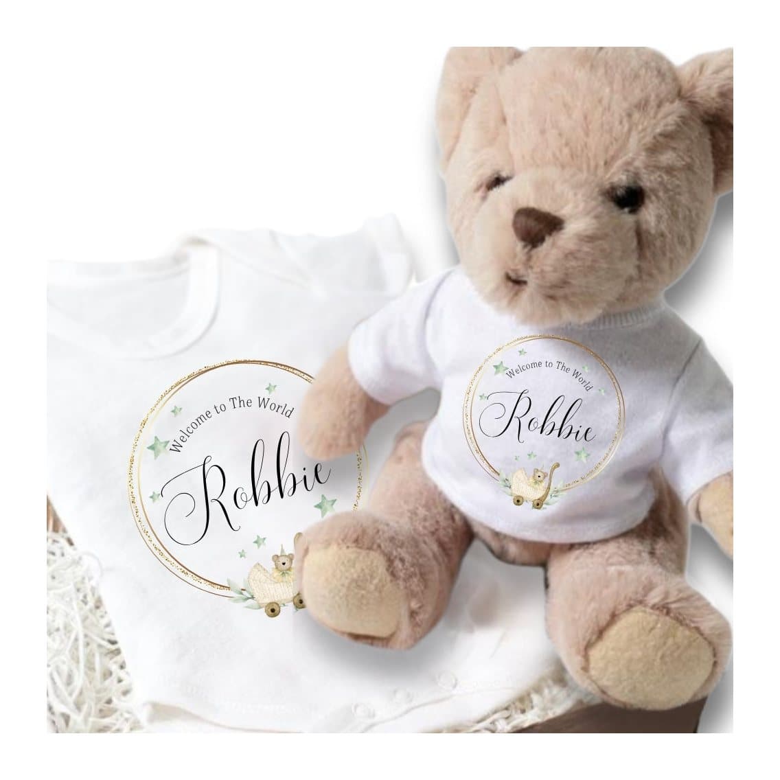 Personalised Welcome to the World baby gift box with a teddy and a baby vest