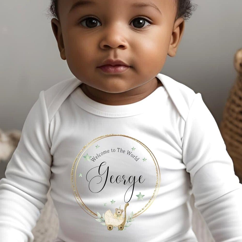 Personalised Welcome to the World baby grow with a name in the design