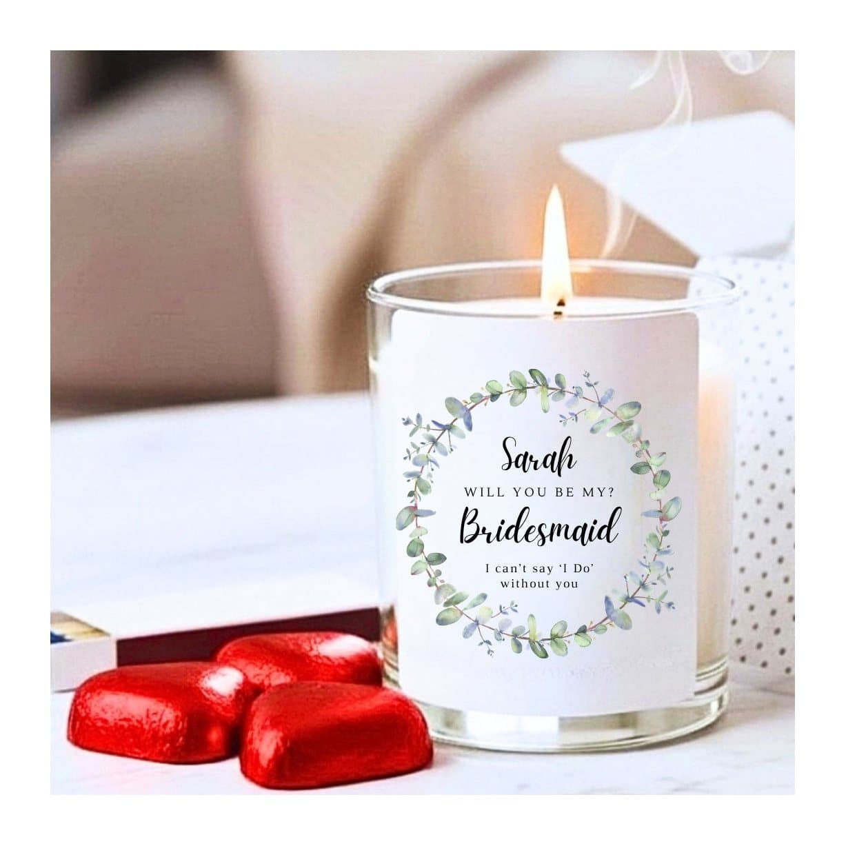 Eucalyptus-design glass candle gift set with red foiled chocolate hearts