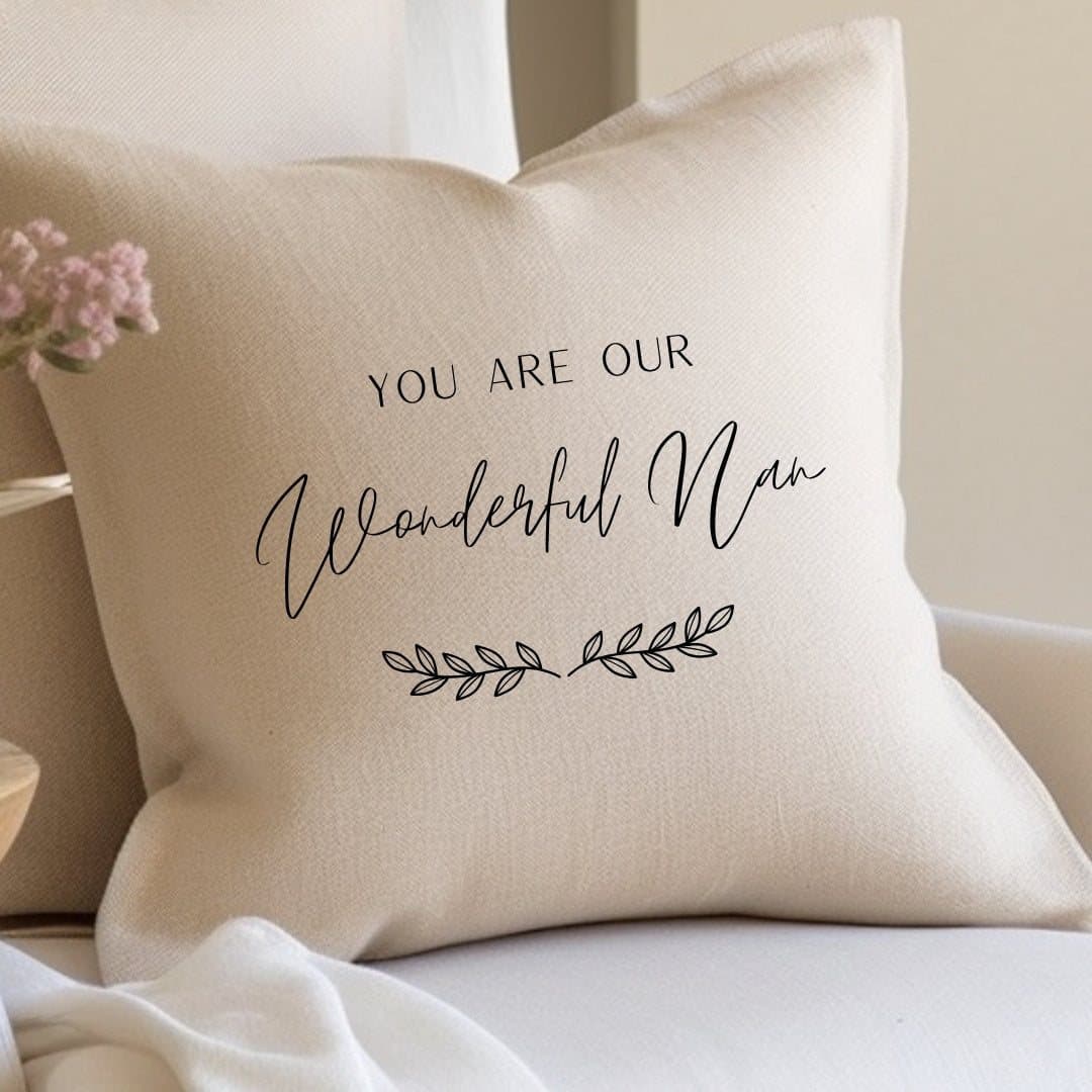 Cream linen-look cushion with a simple leaf design for Nan