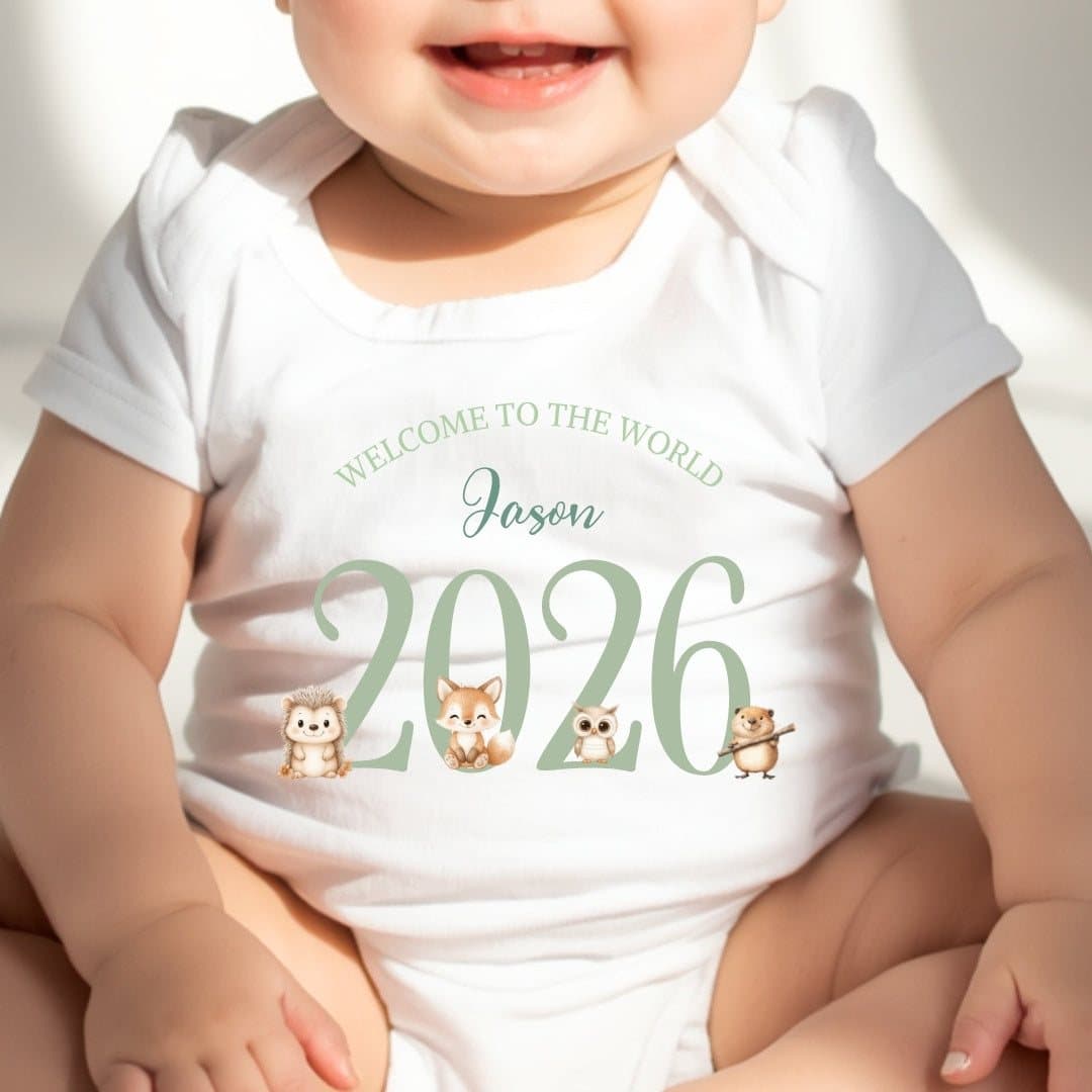 Personalised woodland animals baby outfit with welcome to the world and 2026 design