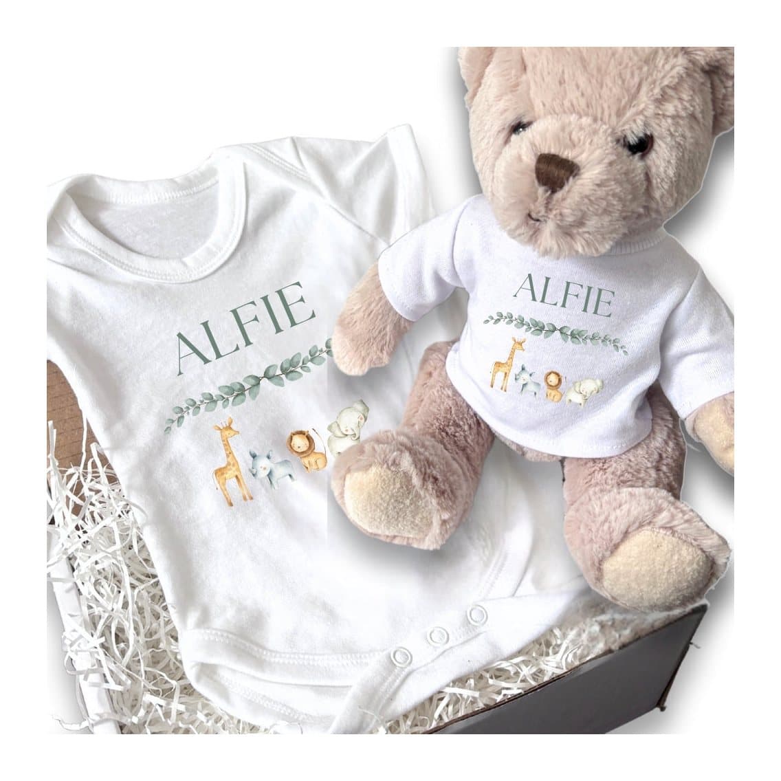 Personalised zoo animals baby vest with a teddy bear