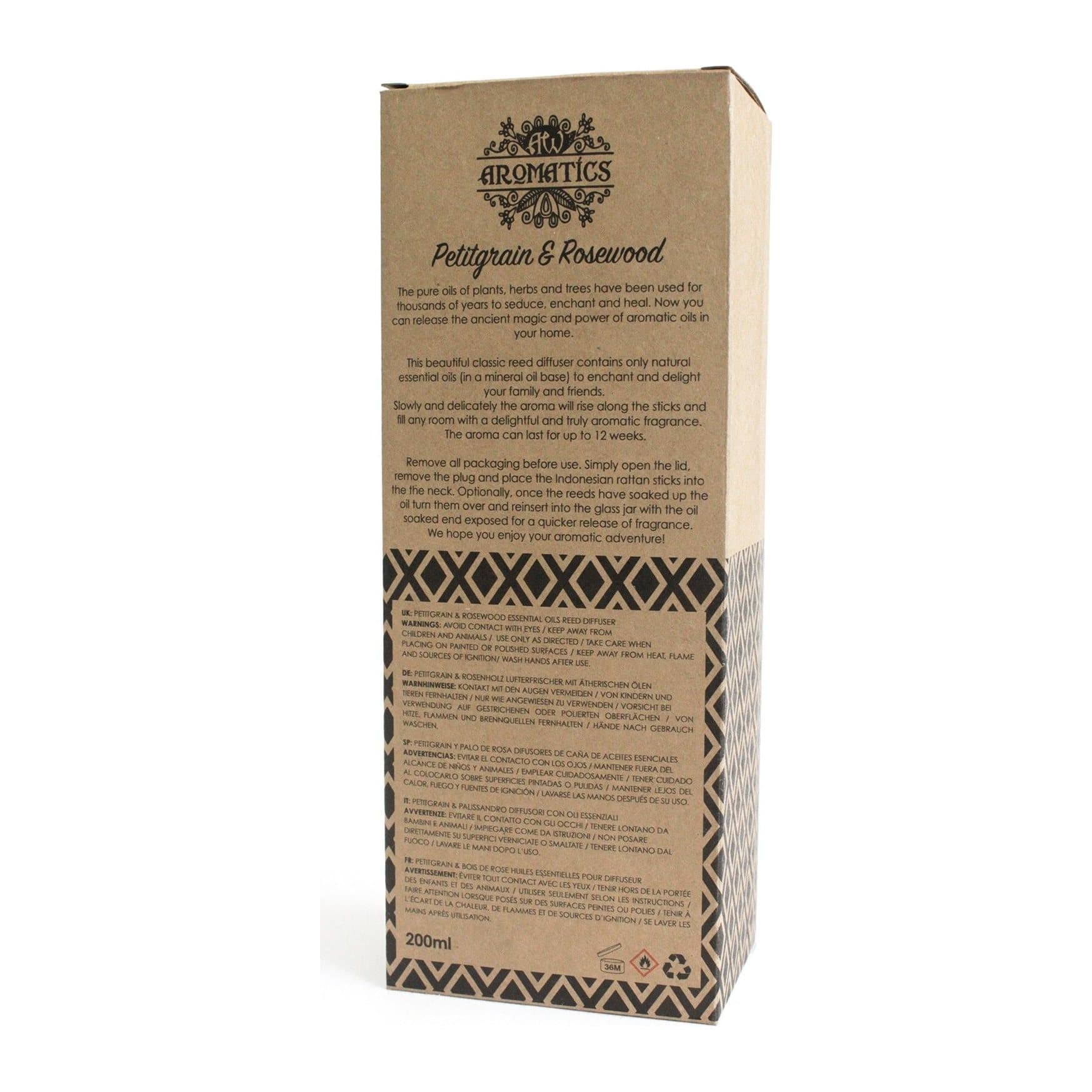 Glass jar reed diffuser with rattan sticks, petitgrain and rosewood