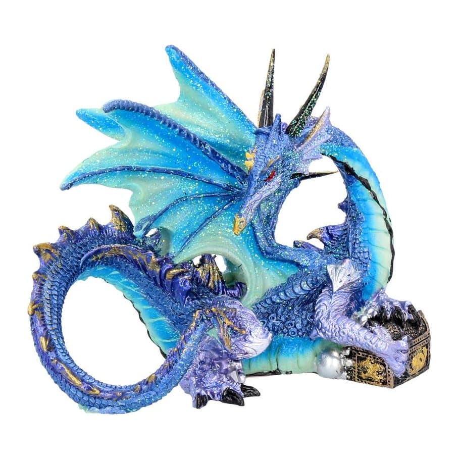 Small iridescent blue and violet dragon figurine lying on an ornate chest
