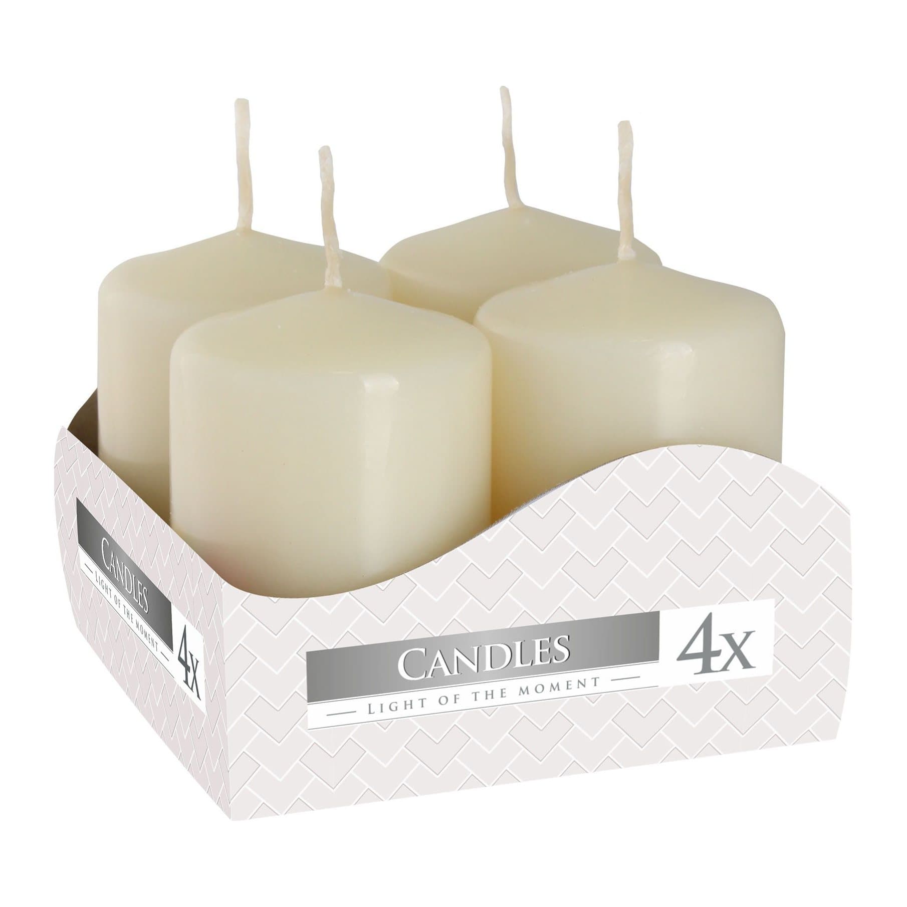 Ivory and red pillar candles, two sets of four