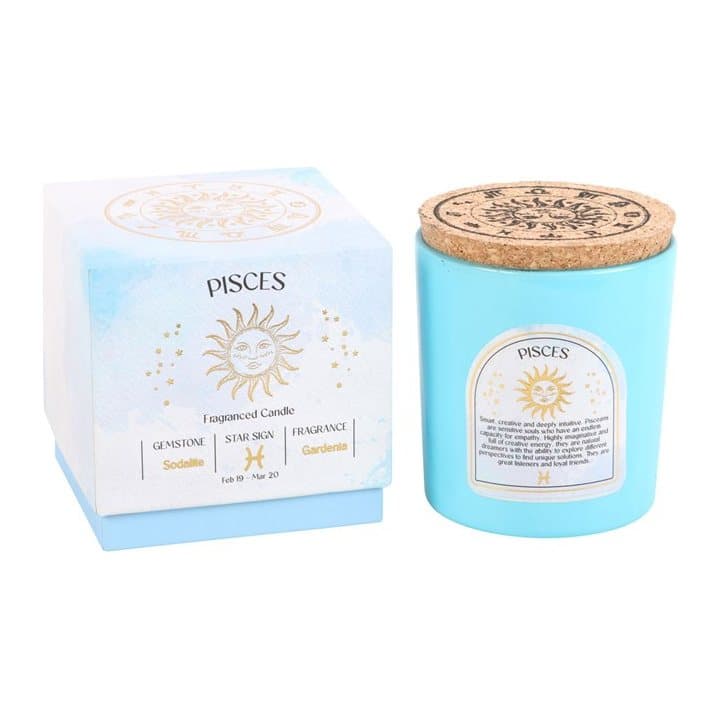 Pisces zodiac candle with Gardenia fragrance and sodalite chips in a sliding box.