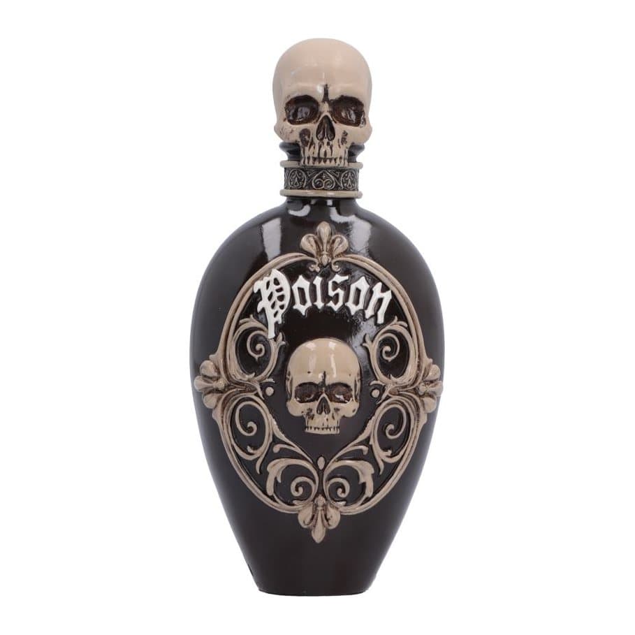Gothic poison bottle figurine with a skull and the word Poison