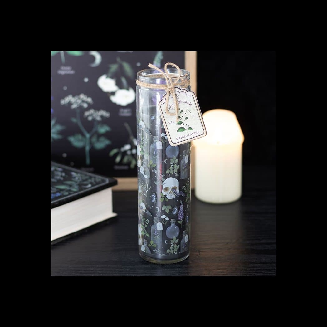 Glass tube candle with a deadly nightshade design